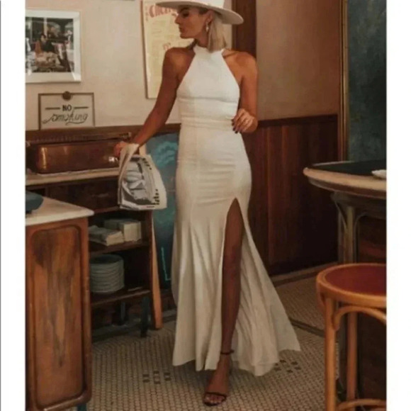 NWT BHLDN Montreal Juliana Crepe Maxi Dress Ivory White Wedding Cocktail Halter - Picture 2 of 8